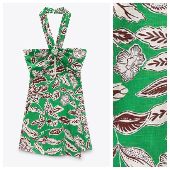 NWT. Zara Green Linen/Cotton Cut-Out Tropical Print Jumpsuit/Romper. Size L. - Picture 1 of 10